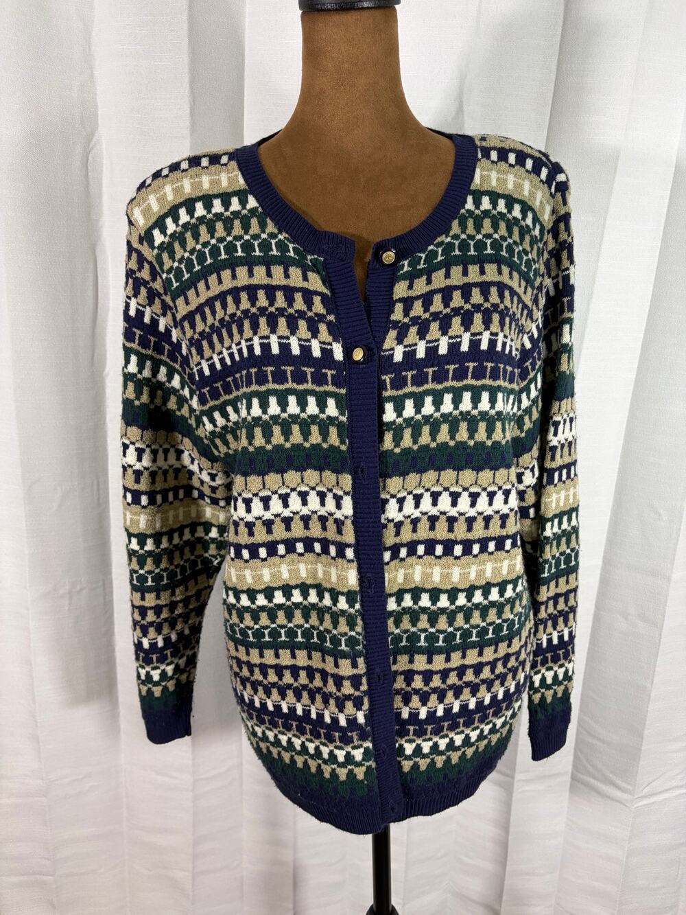 Alfred Dunner Geometric Cardigan S Navy Green Gold Button Sweater USA Made